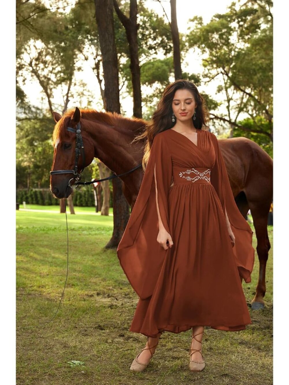 Women's Pumpkin Orange Bell Sleeve Wrap V Neck Medieval Imported Costume Dress - Picture 2 of 6